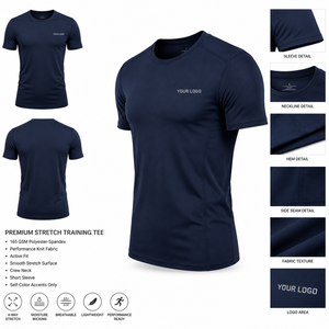 T-shirt de sport pour homme bleu marine à séchage rapide, manches courtes, coupe ajustée, col rond, en polyester tricoté, vêtement de sport avec impression de logo sur le devant - Product Image 2