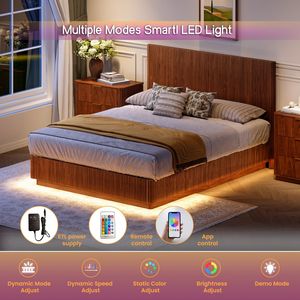 Moderno Letto Queen Size in Noce con Luci LED, Design a Linee Curve Ondulate e Pannello con Scanalature Convesse - Product Image 3