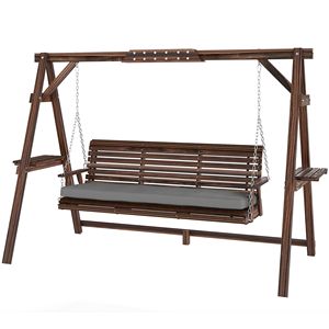 Dondolo a 3 posti in legno con supporto e cuscini confortevoli per giardino, bordo piscina o cortile, marrone carbonizzato - Product Image 1