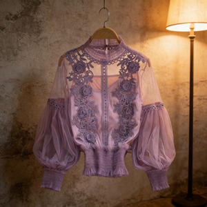 Oferta especial en Temu: Blusa elegante de encaje morado con bordado y malla para mujer, cuello alto, manga abullonada, top transparente. - Product Image 1