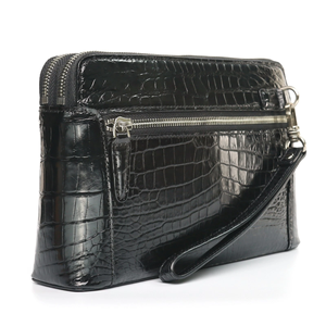 Pochette Homme en Cuir de Vachette Noir Gaufré Croco avec Fermeture Éclair, Dragonne et Logo Personnalisé, Grande Taille, Respirante - Product Image 4