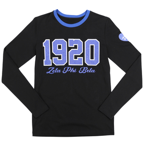 T-shirt à manches longues Zeta Phi Beta 1920 noir pour femme, avec lettres grecques ZPB en chenille, vêtement de sororité, coupe ajustée, tenue décontractée - Product Image 1