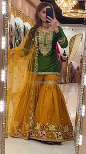 Ensemble de tenue Sharara en Georgette LD CREATION, broderie riche, moderne, sans plis, Kurta Sharara Dupatta, pour fêtes et mariages, style ethnique - Product Image 3