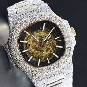 Reloj de Lujo con Diamantes Pavé y Esqueleto, Mecánico, Chapado en Oro Blanco, Diseño Único, Regalo Perfecto Para - Product Image 1