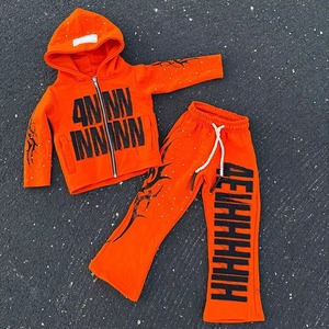 Chándal Naranja para Niños con Capucha y Cremallera Completa, Estampado de Letras, Estilo Urbano, Corte Regular, Bolsillos Laterales, Material de Poliéster - Product Image 6