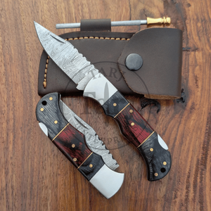 Premium Industrial Grade Damascus Folding Knife Set Fire Starter <b>Kit</b> Outdoor Bushcraft Pocket Knife Leather Pouch 8-Inch 3-Year - Product Image 3
