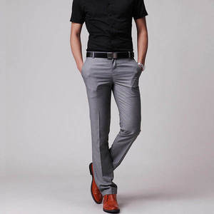 Pantalon habillé décontracté droit en toile pour homme, nouvelle collection, taille mi-haute, devant plat, 100 % coton, écologique, haute qualité, prix abordable - Product Image 2