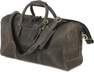 Unisex Leather Weekender Duffle Bag Large Capacity Zipper Closure Vintage Style Travel Bag <b>Soft</b> Handle - Product Image 3