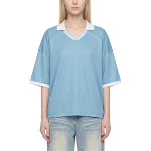 Maillot de football pour femmes, bleu ciel, col polo, détails de passepoil, vêtements de sport athlétiques, vente en gros - Product Image 2
