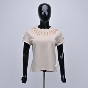 Camiseta de Mujer de Alta Calidad, Bordada, Manga Corta, Cuello Redondo, 95% Algodón, 5% Elastano, Color Sólido, Tejido de Punto, Personalizable, Informal, Verano - Product Image 1