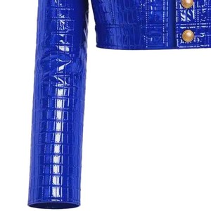 Blue <b>Leather</b> Cropped <b>Blazer</b> With Croco Embossed Texture Full Sleeve Turn-down Collar Single Breasted Women's <b>Jacket</b> - Product Image 5