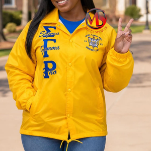 เสื้อแจ็คเก็ตบอมเบอร์แบบเย็บติดลายปักตัวอักษร Gold Sigma Gamma RHO ของชมรมนักศึกษาหญิง ยอดขายดีที่สุด คอตั้ง ติดกระดุมแป๊ก ผ้าซาติน - Product Image 6