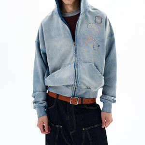 ผู้ผลิตเสื้อฮู้ดดี้วินเทจผู้ชายแบบ OEM คุณภาพสูง ผ้าฝ้าย 100% ทรงครอป ซักฟอก ลุคดิสเทรส พิมพ์ลายดิจิทัล ซิปหน้า - Product Image 2