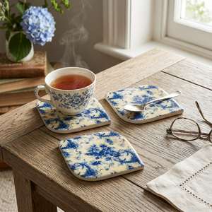 Handmade Wholesale Custom <b>Marble</b> <b>Coaster</b> Set with Vintage Blue Floral Pattern, Soft-Edged Natural Stone Drink <b>Coasters</b> for Home - Product Image 4