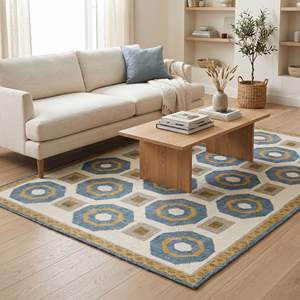 Alfombra Decorativa Personalizada DECORDEC, Ecológica, Antideslizante, de Lana de Pelo Largo, Color Azul Marfil y Mostaza, con Diseño Geométrico y Borde Octogonal para Hotel - Product Image 4