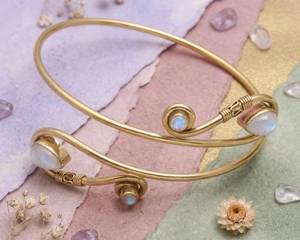 Gold Plated Brass Cuff <b>Bracelet</b> With Moonstone And Quartz Bezel Setting <b>Boho</b> Style Jewelry Handmade Bulk Product - Product Image 3