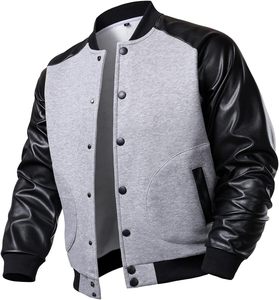 Veste universitaire homme gris et noir avec manches en cuir PU, col rabattu, simple boutonnage, style décontracté pour l'automne - Product Image 5