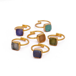 El Joyero Square Green Druzy <b>Adjustable</b> <b>Ring</b> 18K Gold Plated Natural Stone Statement Boho Minimalist Fashion Jewelry for Women - Product Image 5