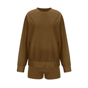 Conjunto de Dos Piezas de Invierno Vintage de Alta Calidad para Mujer, Sudadera y Pantalones Cortos Holgados, Personalizados, con Hombros Caídos, Manga Larga, Forro Polar - Product Image 5