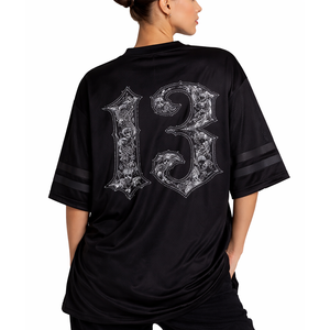Low MOQ Oversized Women Black Mesh American Football Jersey Graphic Print Breathable Polyester V Neck Street Sports <b>Top</b> Custom - Product Image 2