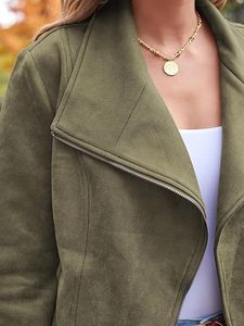 Veste moto en daim vert olive pour femme, manches longues, col en V, fermeture éclair, style automne - Product Image 5