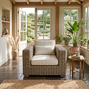 Fauteuils Saint Martinez en bois d'acajou et rotin Kuboo gris tressé, fauteuil en tissu gris épais, mobilier de patio haut de gamme pour resort - Product Image 3