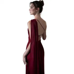 Floor length Maxi Column MermaidBurgundy Satin One Shoulder <b>Scarf</b> Neck Gown or Deep <b>Red</b> Asymmetrical <b>Scarf</b> Detail Maxi Dress - Product Image 6