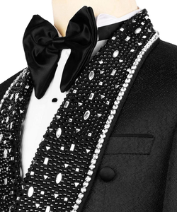 Veste de smoking noire pour homme ornée de strass avec ceinture – Blazer de créateur à revers châle pour mariage et scène - Product Image 5