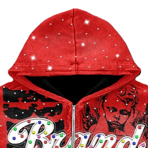 Brand <b>Men's</b> <b>Red</b> Hooded Zip-Up <b>Sweatshirt</b> Sublimation Print Rhinestone Hip Hop Regular Fit Winter Knitted Polyester - Product Image 4