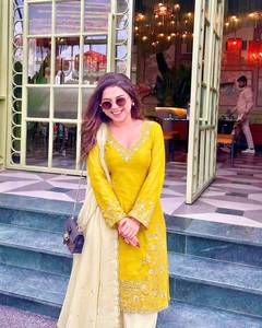 Traditional <b>Women</b> Casual H O Silk Yellow Embroidered <b>Kurta</b> Set Indian Pakistani Traditional Top And Farshi Salwar with Dupatta - Product Image 1
