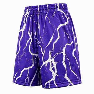 Pantalones cortos de baloncesto de malla para hombre, pantalones cortos deportivos con estampado de rayos morados y cintura elástica, ropa informal para calle, pantalones cortos de gimnasio para entrenamiento - Product Image 3