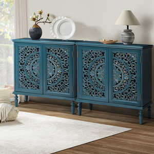 Intricate Floral Panel Doors Hand Carved Teal Wood Accent <b>Cabinet</b> Set for Farmhouse Hotel or Apartment Living Room - Product Image 4