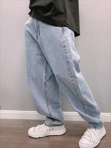 Jeans Rectos de Corte Regular para Hombre, Talla Grande, Color Azul Claro, Estilo Casual Urbano con Cintura Ajustable con Cordón - Product Image 3