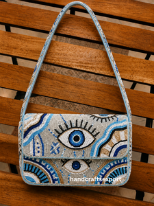 Bolso de Hombro con Solapa y Cuentas, Hecho a Mano, Duradero, Ligero, Ecológico, para Mujer, Diseño Bohemio con Patrón Geométrico y Ojo Azul, Correa Única - Product Image 4