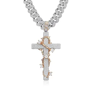 Colgante de Cruz de Plata de Ley Oro Rosa con Cadena de Cuerda y Circonitas Redondas Pavé, Joyería Unisex Cristiana de Moda Hip Hop para Fiesta - Product Image 4