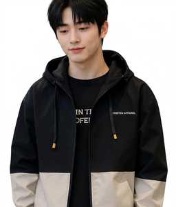 เสื้อแจ็คเก็ตมีฮู้ดซิปบล็อกสีสำหรับผู้ชายลำลองทรงปกติแขนยาวสีดำสีเบจ - Product Image 4