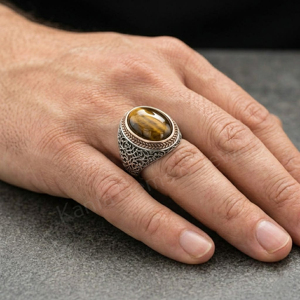 925 Sterling Silver <b>Two</b> Tone Plated Vintage Tiger Eye 10x14mm Oval Shape Smooth Gemstone Men's <b>Ring</b> Bezel Setting Gift For Him - Product Image 4