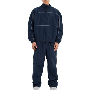 Men's Navy Blue Sporty <b>Track</b> <b>Jacket</b> White Stitching Full Zip Hooded Collar Breathable Knitted Polyester/Nylon Winter Wear - Product Image 2