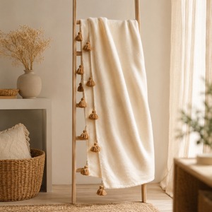 Manta Bohemia de Algodón Orgánico con Borlas, Color Natural, Rectangular, Lavable a Mano, Transpirable, para Todas las Estaciones, Ideal para Viajes, Suave al Tacto - Product Image 1