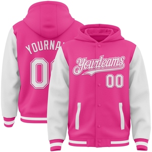 Wholesale Direct OMMIZ INDUSTRY Custom <b>Pink</b> White Bomber Full-Snap Varsity Letterman Two Tone Hoodie <b>Jacket</b> - Product Image 1