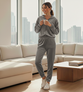 Conjunto de Ropa Deportiva para Mujer Otoño 2025, Chándal Casual de Terciopelo con Top Corto de Manga Larga con Cierre y Pantalones Acampanados a Rayas - Product Image 6