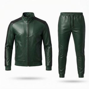 Ensemble de survêtement en cuir audacieux avec veste zippée et pantalon assorti offrant un look moderne pour homme - Product Image 1