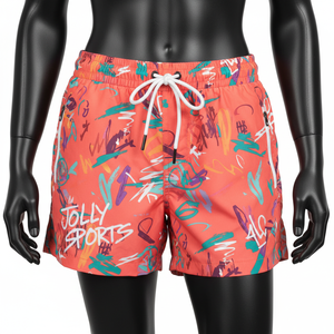 Shorts de Baño para Mujer de Poliéster de Secado Rápido, Color Naranja Coral, Estampado de Grafiti Multicolor, Logotipo Personalizado por Sublimación - Product Image 4