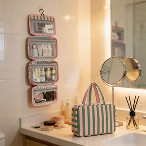 Blue Pink Foldable <b>Toiletry</b> <b>Storage</b> Bag Waterproof Multi-Compartment Handheld Makeup Skincare Organizer Nylon Fabric for Travel - Product Image 4