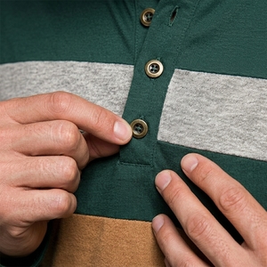 Mens Dark Green Henley Shirt Long Sleeve Color Block T Shirts Fashion Striped Cut Sew Cotton Knit Casual Pullover Tee Shirts - Product Image 2