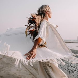 Kaftan bio long à franges, cardigan kimono, haut enveloppant bohème, robe rustique bohème, cardigan tribal gypsy blanc - Product Image 3