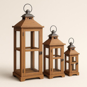 Natural Wooden Lantern Pyramid Top Opening Latch Clear <b>Glass</b> <b>Panes</b> Metal Bail Handle Rustic Table Decor Lantern - Product Image 5