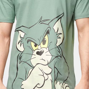 T-shirt vert à manches courtes pour homme avec imprimé dessin animé Tom, col rond, coupe classique, en jersey de coton, design décontracté, logo sur le devant - Product Image 6