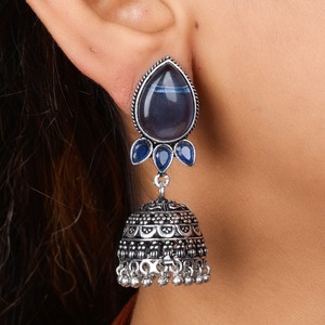 Factory Wholesale Brass Oxidized Antique <b>Silver</b> Plated Jade Bezel Set Bohemian Jhumka Drop <b>Earrings</b> Handmade Ethnic for Women - Product Image 2