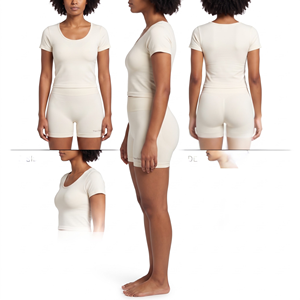 Ensemble de yoga unisexe 2 pièces sans couture en spandex et nylon à carreaux, taille haute élastique, haut à manches courtes et short - Product Image 3